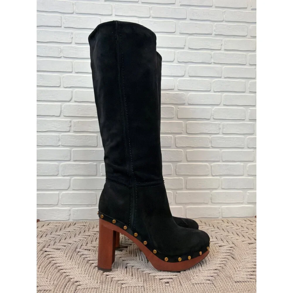 Veronica Beard Black Suede Studded Wooden Platform Clog Boots 8.5